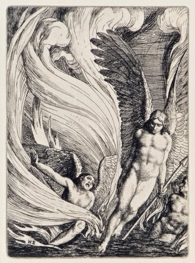 Satan rijst op uit het brandende meer uit Paradise Lost door John Milton, een serie van 12 illustraties geëtst door William Strang door William Strang